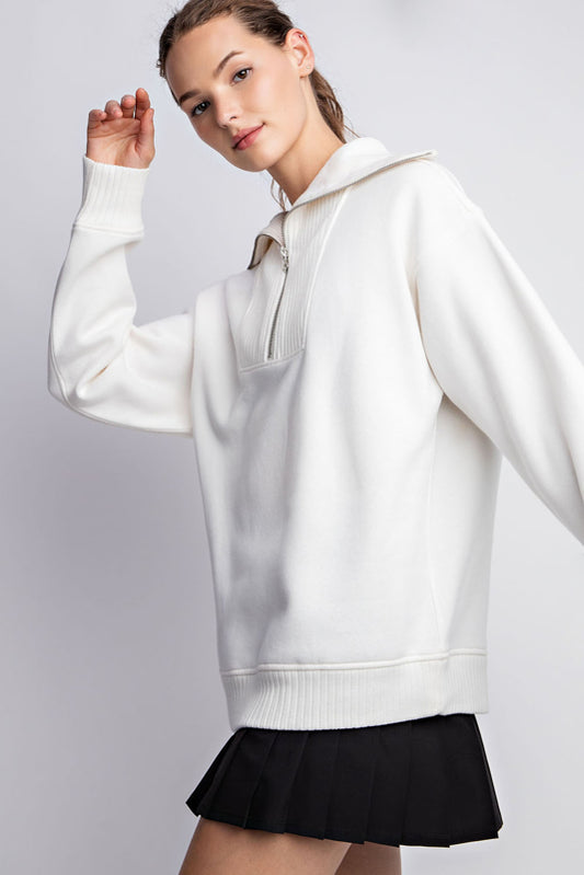 TERRY RIBBED MOCK NECK PULLOVER