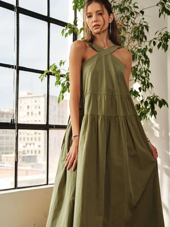 Olive Cross Neck Long Dress
