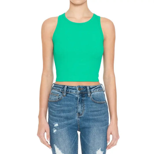 Kelly Green Ribbed High Neck Sleeveless Racerback Crop Tank Top