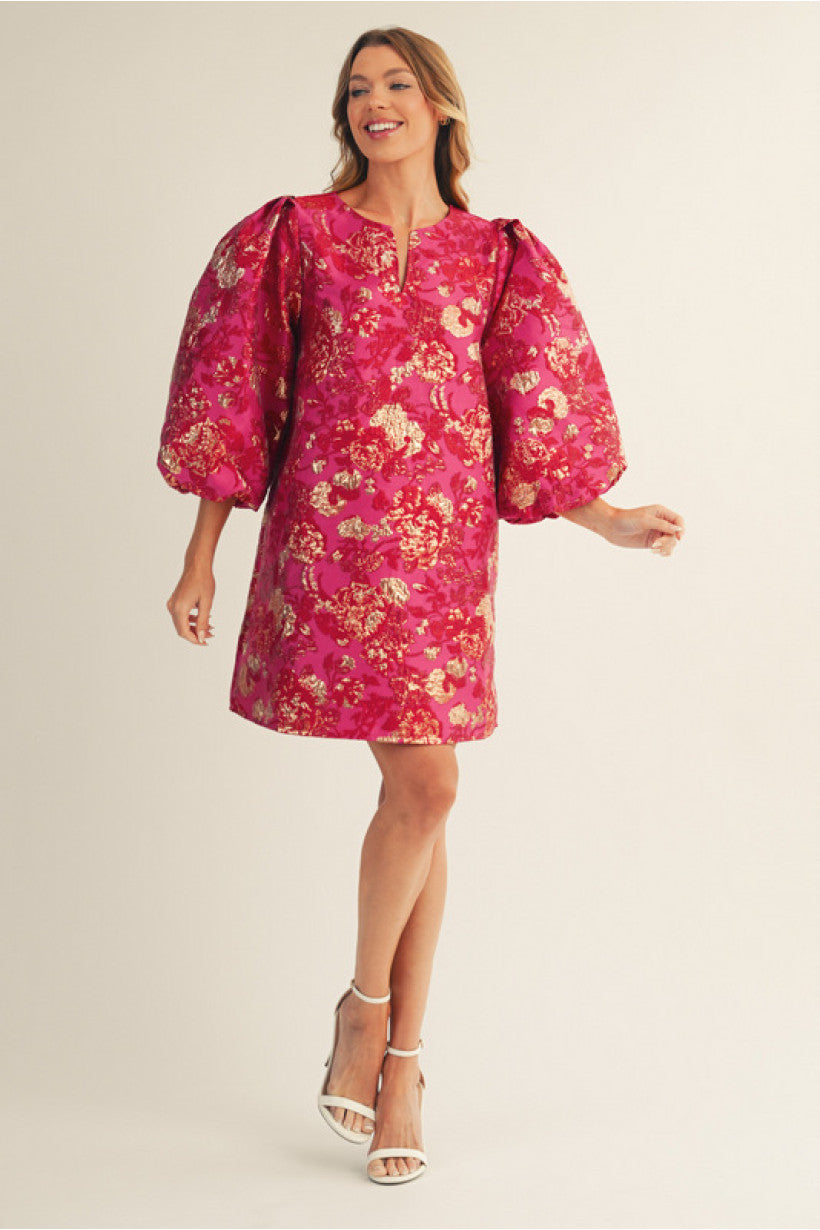 Puff sleeves floral jacquard dress