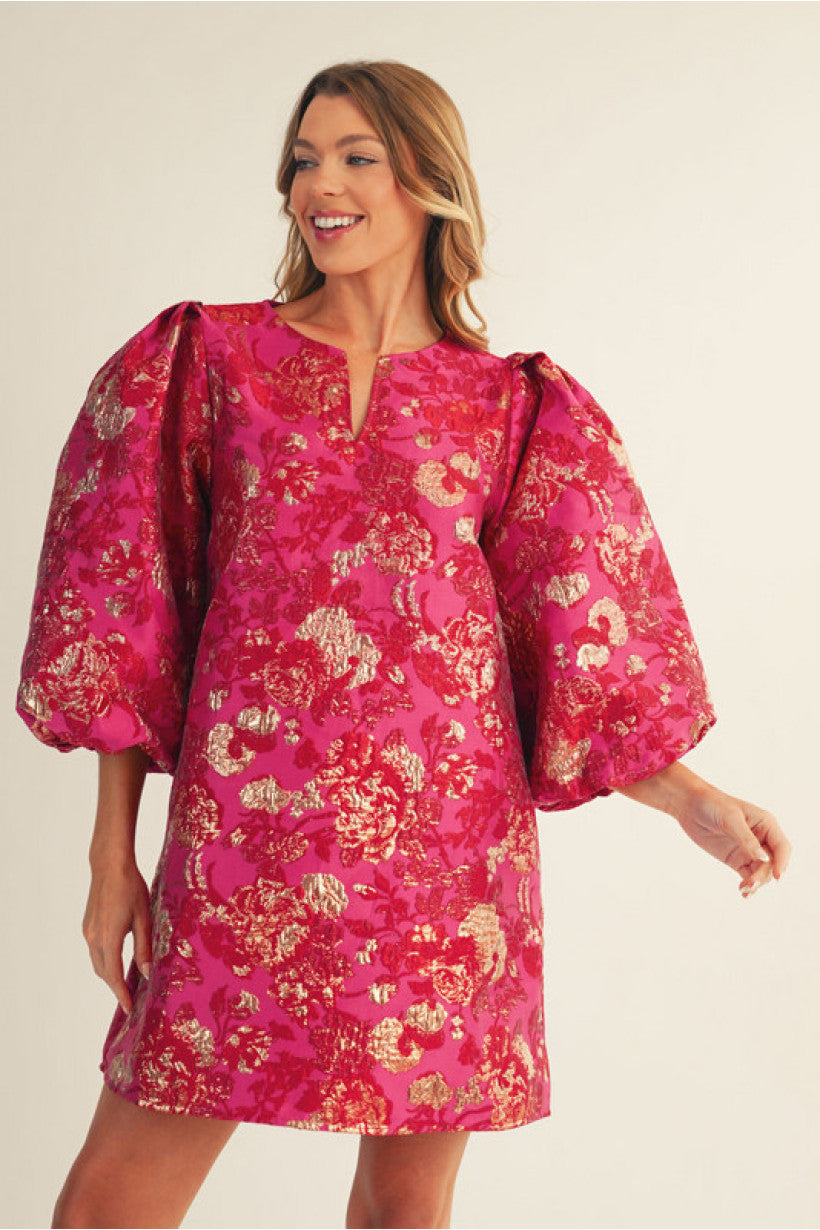 Puff sleeves floral jacquard dress