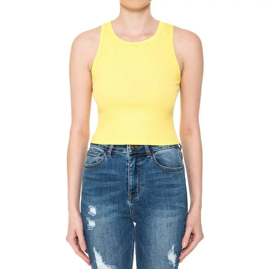 Vibrant Yellow Ribbed High Neck Sleeveless Racerback Crop Tank Top
