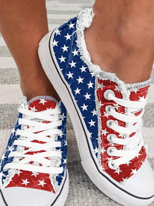 American Flag Stars Printed Frayed Lace-Up