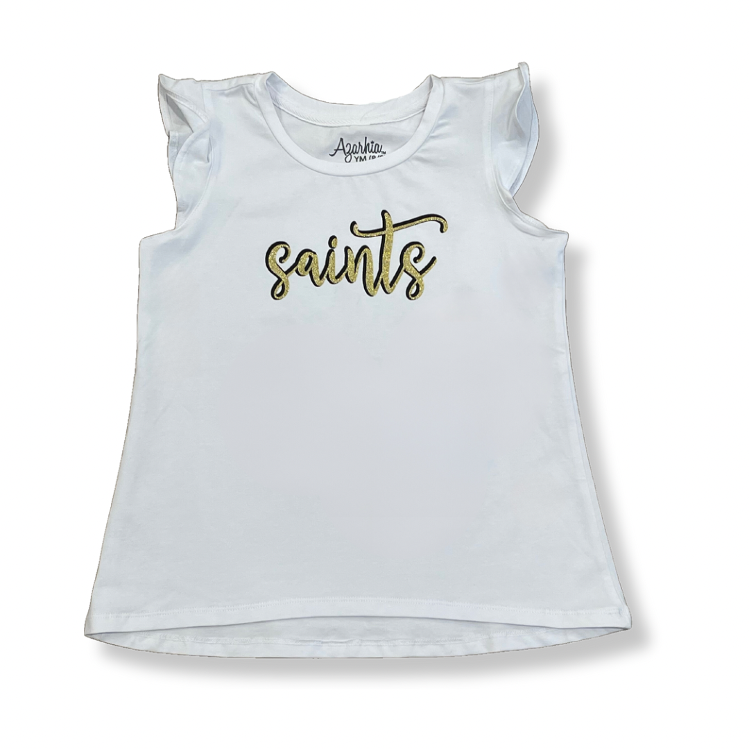 Gold Glitter Saints Ruffle Shirt in White