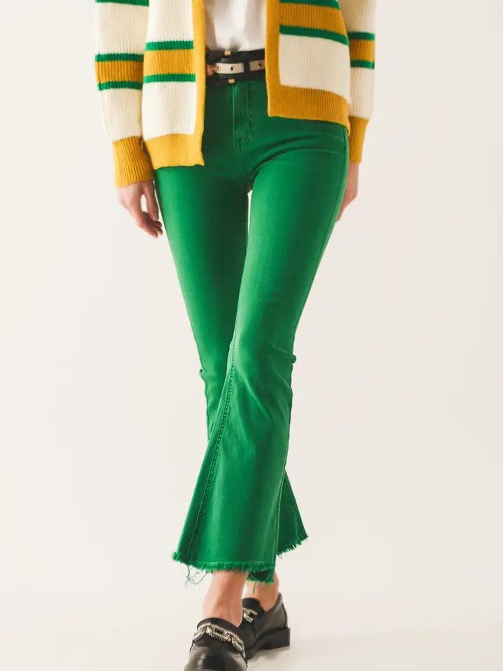 Flare Jeans with Raw Hem Edge in Bright Green
