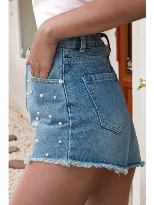 Pearl Beaded Denim Shorts