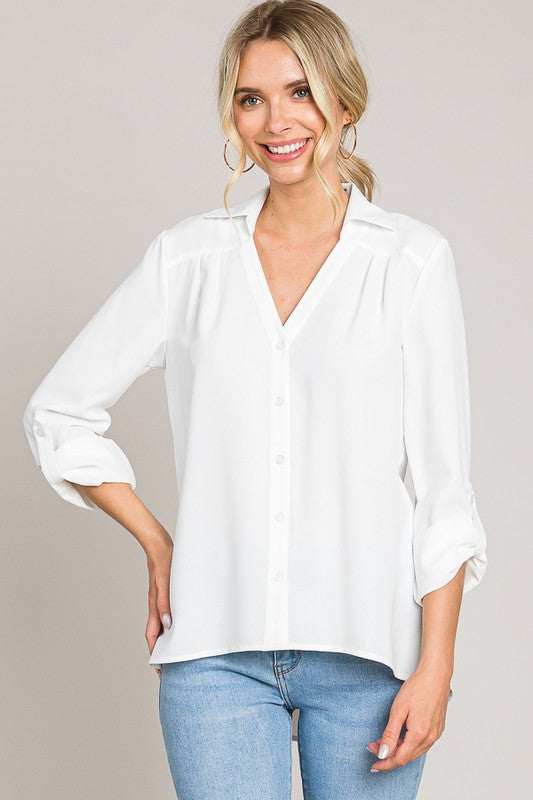 V-Neck Button Rolled Cuff Shirt