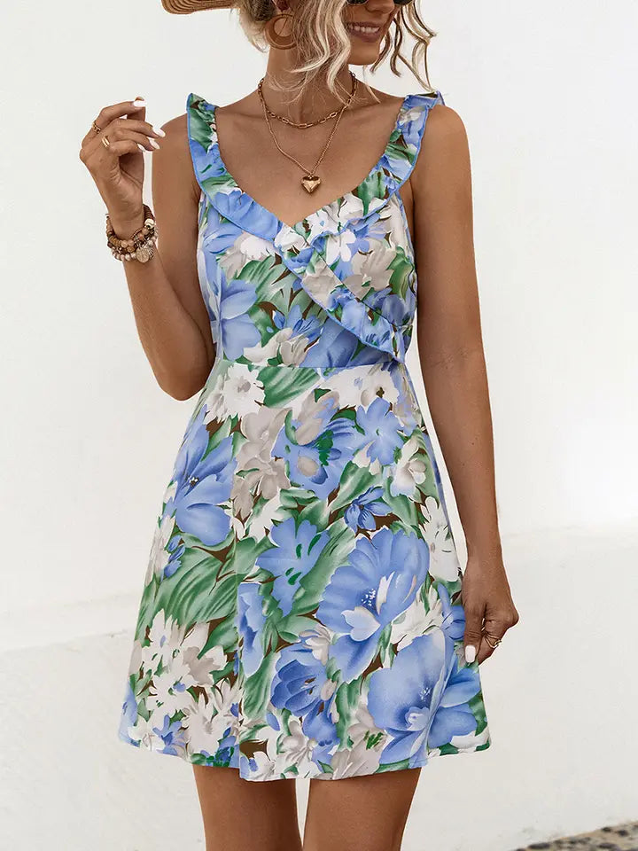 Floral Print Waistline Short Halter Dress