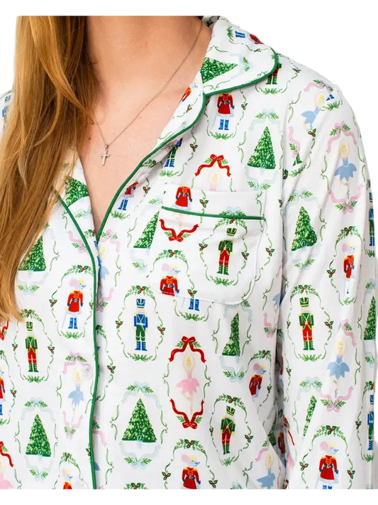 Nutcracker Waltz Long Sleeve Button Up Sleep Shirt White/Multi