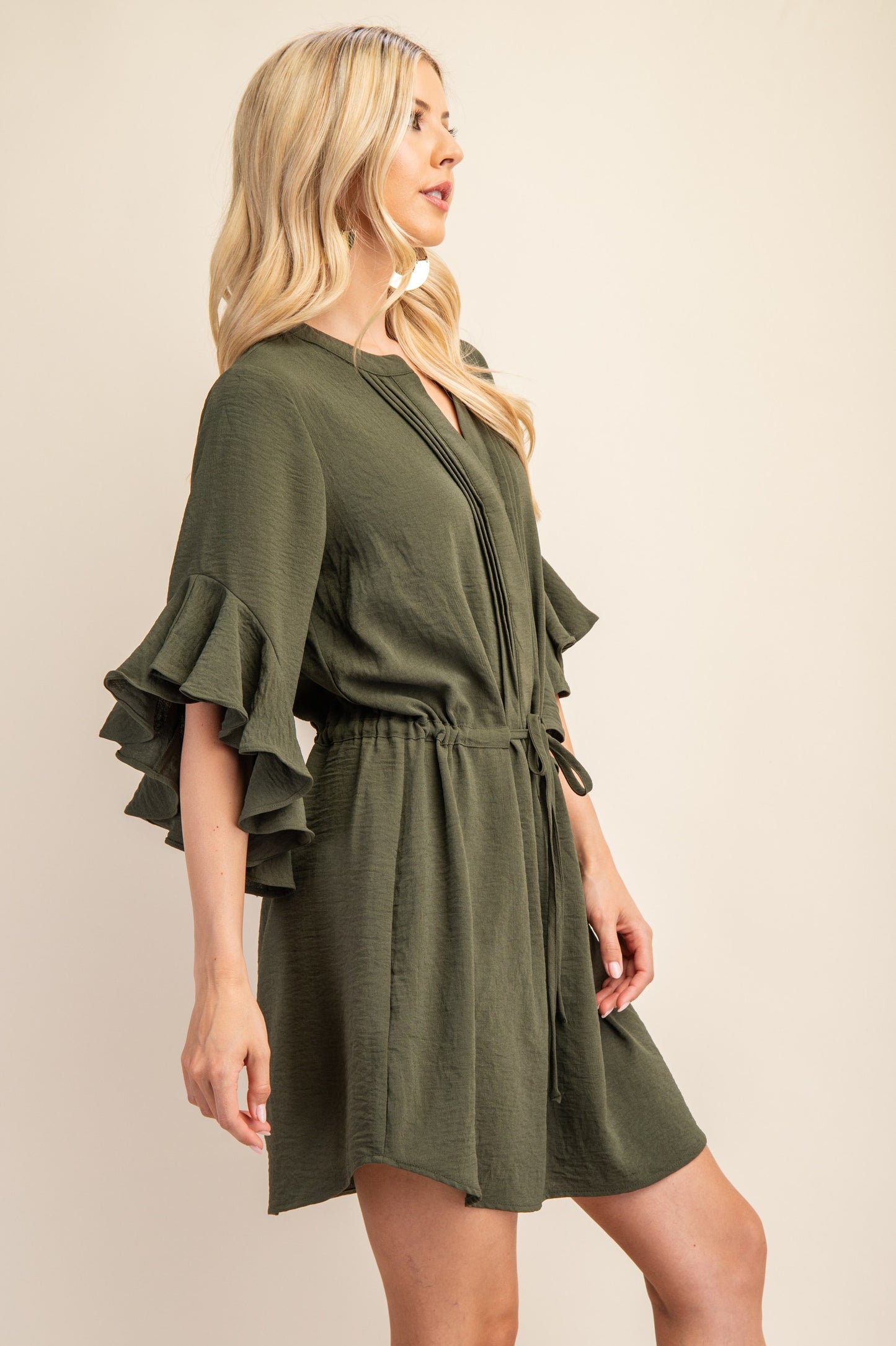 Army Green Bell Sleeve Pintucked Dress