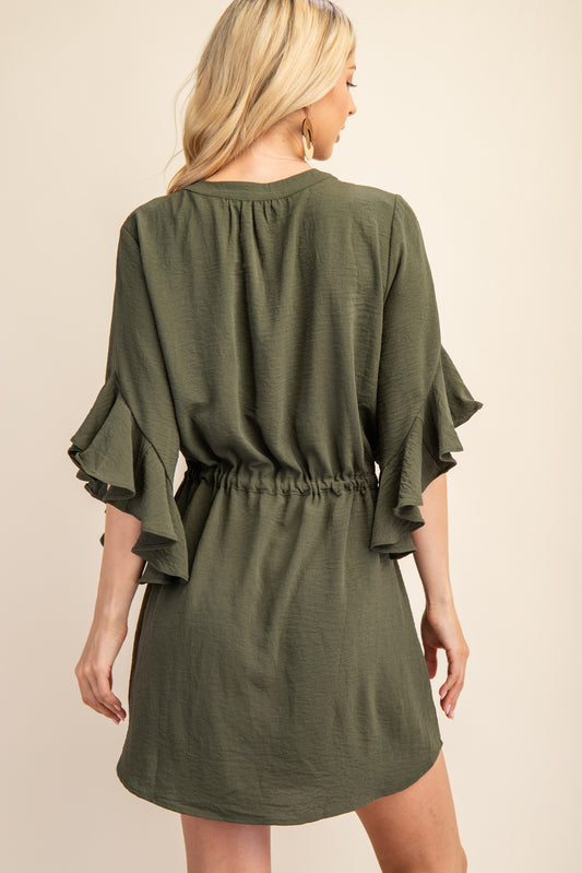 Army Green Bell Sleeve Pintucked Dress