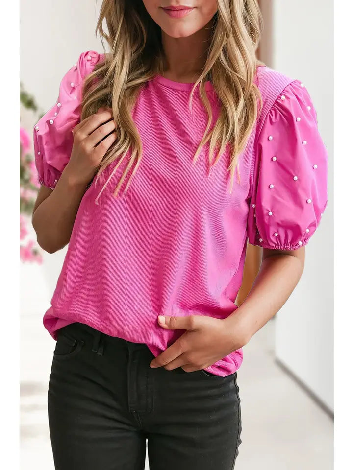 Ribbed Pearl Beaded Bubble Sleeve Top