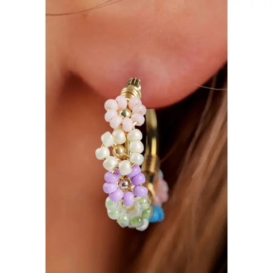 Beaded Flower Hoop Alloy Earrings