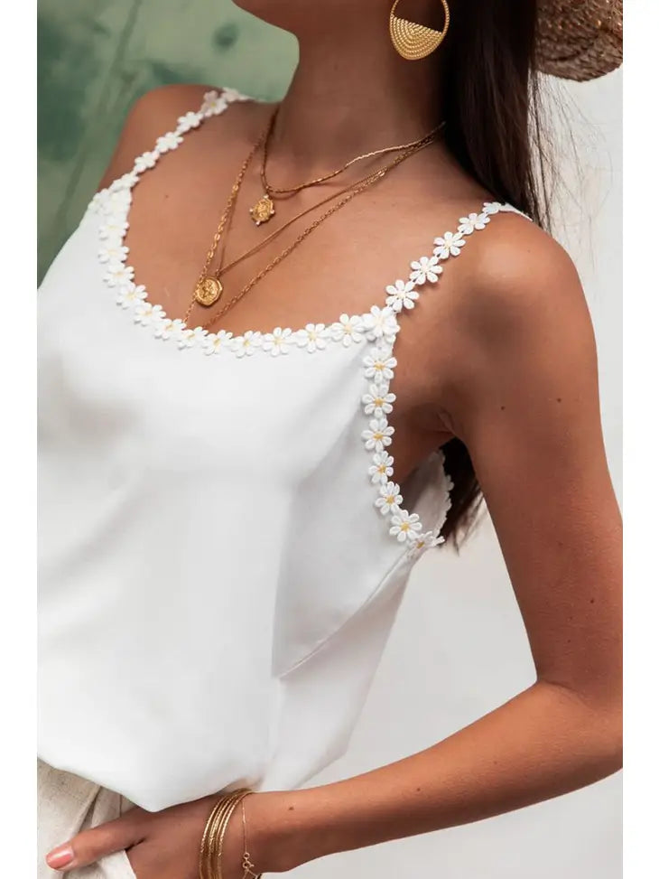 Floral Trim Sleeveless Tank Top