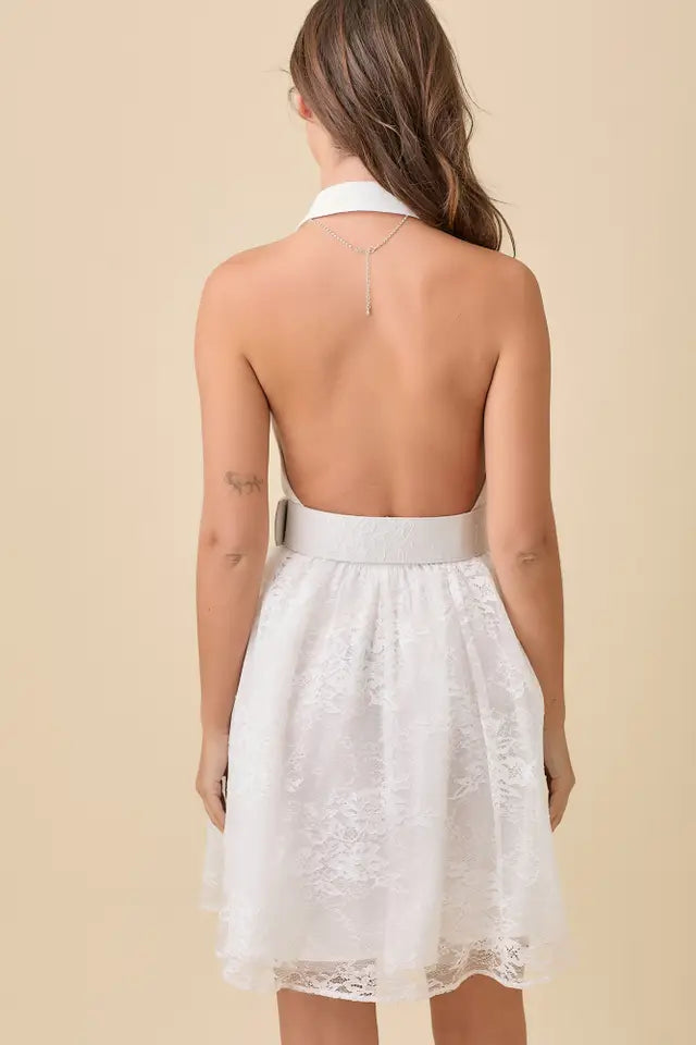 Lapel Collar Haltered Summer Mini Lace Dress