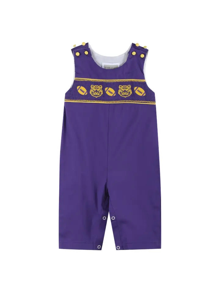 Purple and Gold Football and Tiger Smocked Overalls - The Season Boutique