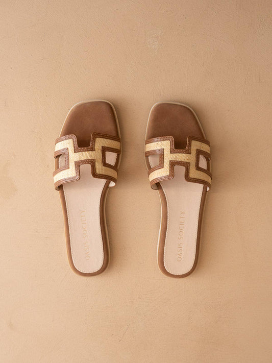 The Ena | Brown H Cutout Raffia Slide