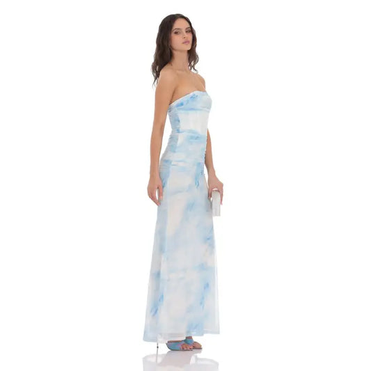 Mesh Strapless Corset Maxi Blue Tie Dye