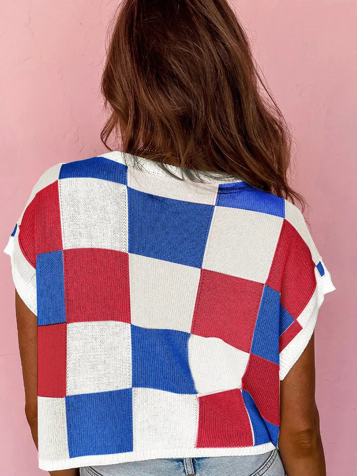 White Color Block Cap Sleeve Sweater