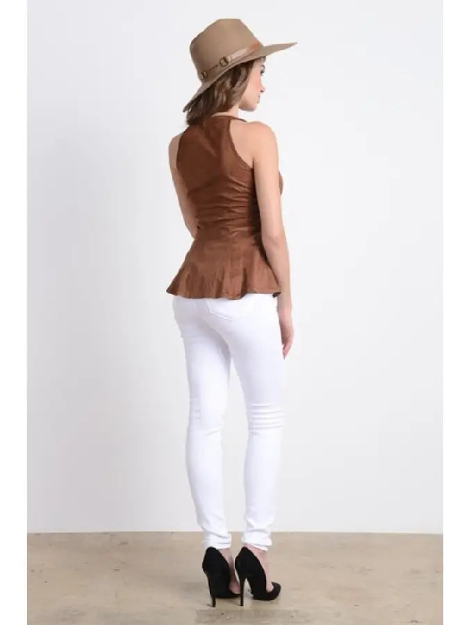 Sleeveless Zip Up Suede Peplum Top
