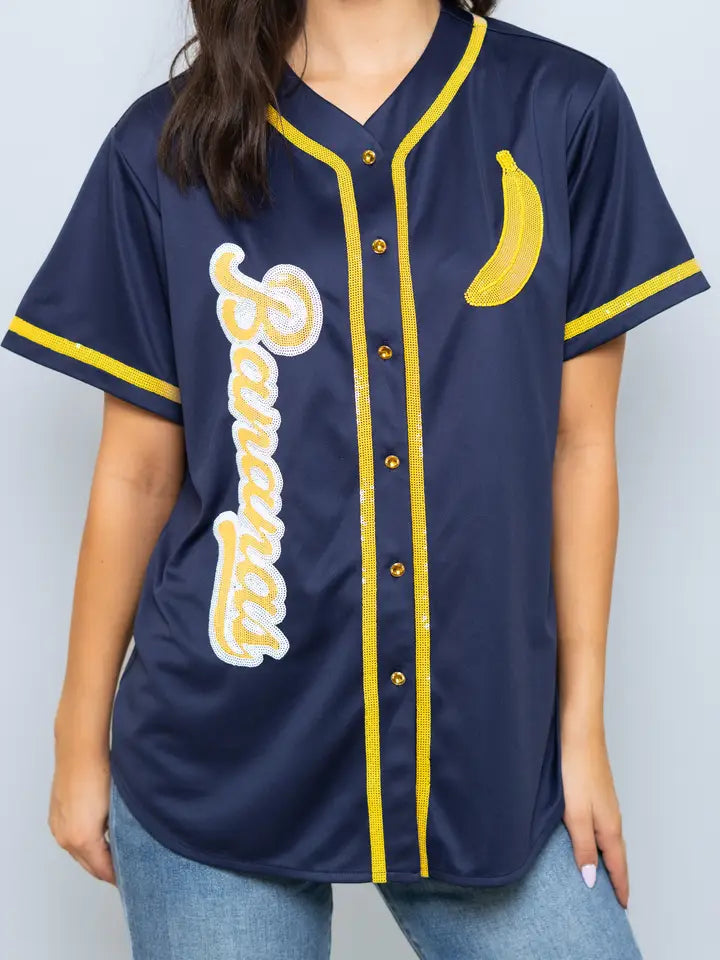 Bananas Women's Sequin Baseball Jersey (Navy) - The Season Boutique