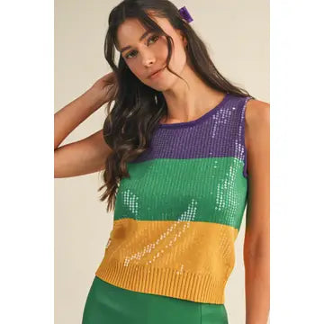 Mardi Gras Sequin Color Block Sweater