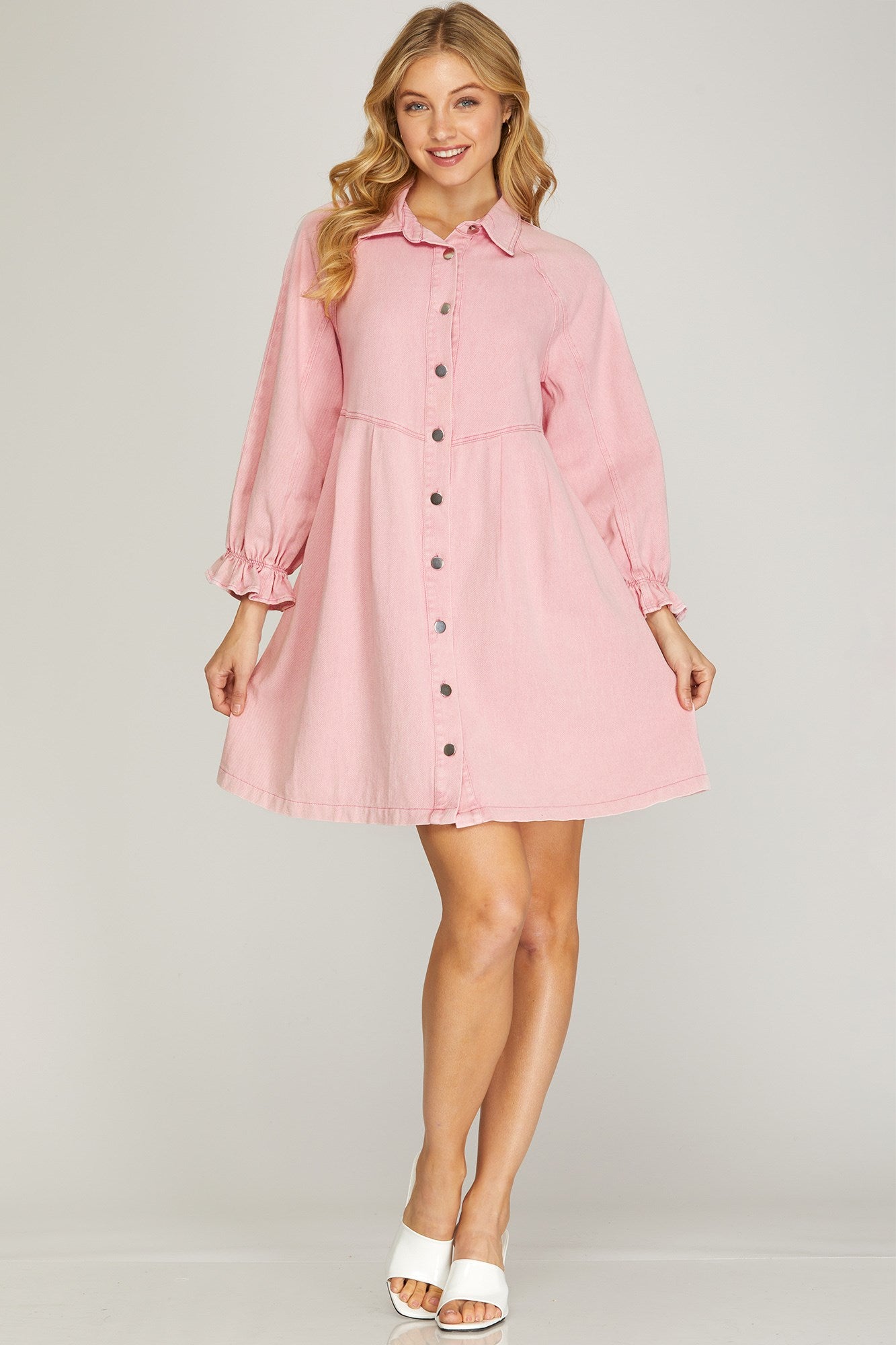 button down dress pink Voluminous Puff Sleeves Covered Button Down Dress