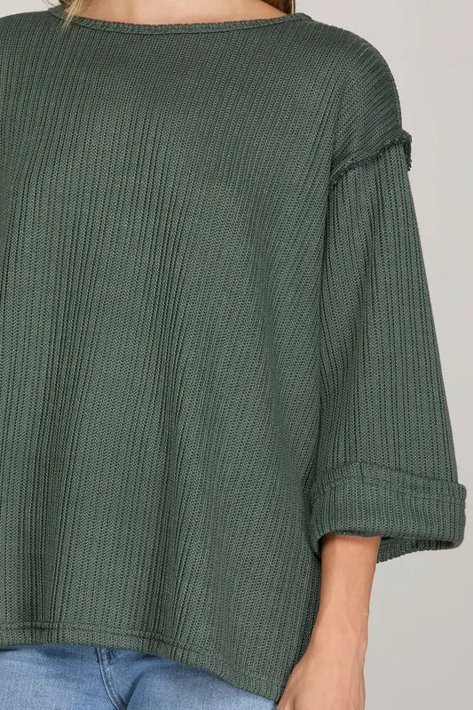 3/4 SLEEVE KNIT TOP - Slate