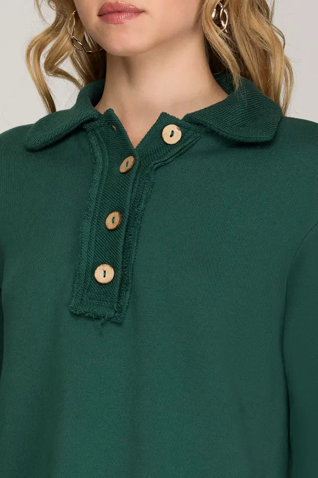 3/4 Sleeve Knit Collared Dress with side Pockets