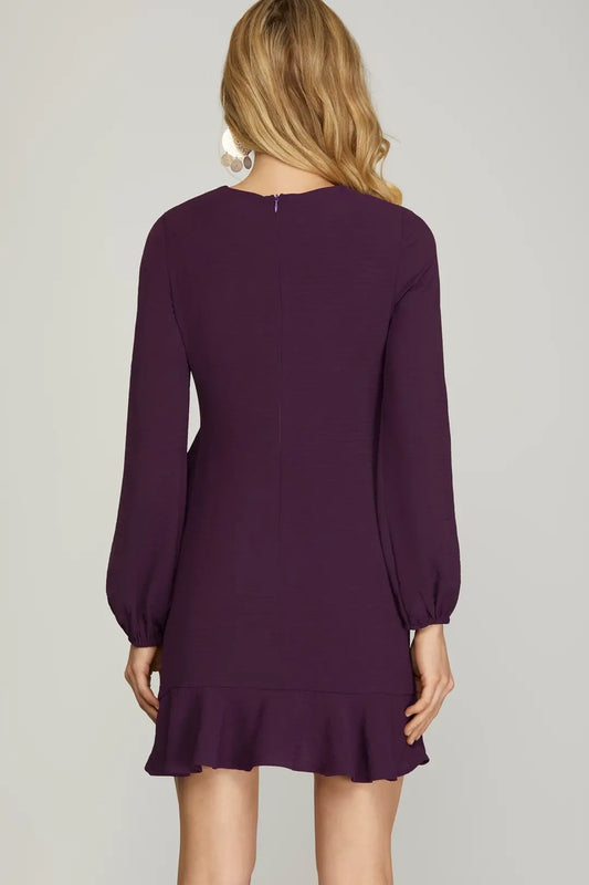 LONG SLEEVE ASYMMETRICAL RUFFLED HEM WOVEN DRESS