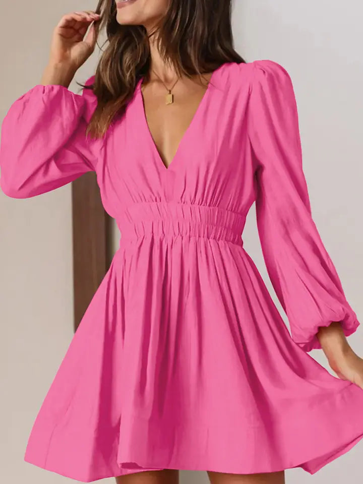 Women Sexy Deep V Neck Long Sleeve Mini DRESS - Rose