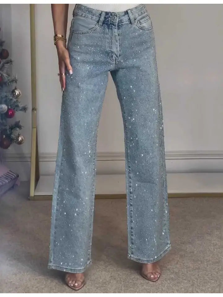 Rhinestone Button Pocket Straight Denim Pants - The Season Boutique