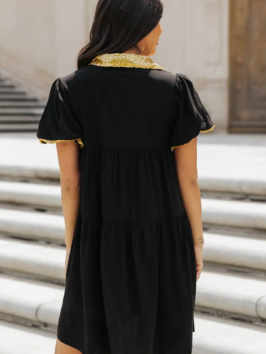 Sequin Trim Bubble Sleeve Game Day Shirt Dress