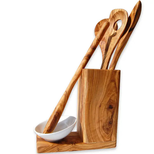 All-in Utensil Mug Including Three Cooking Spoons of Olive Wood