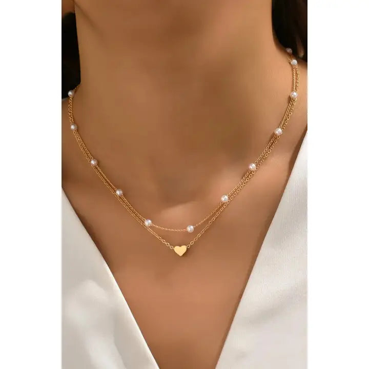 Plated Heart and Pearl 2pcs Necklace