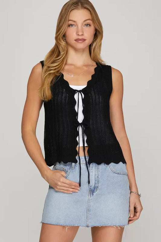 Sleeveless Scallop Front Tie Sweater Vest