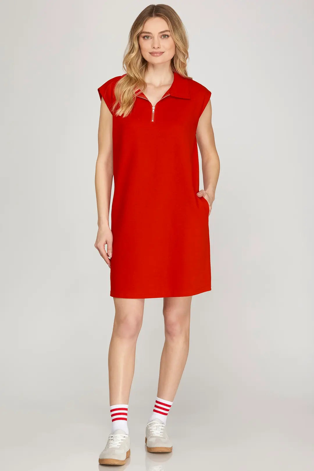Sleeveless Polo Collar Half Zip Knit Mini Dress with Pocket - The Season Boutique