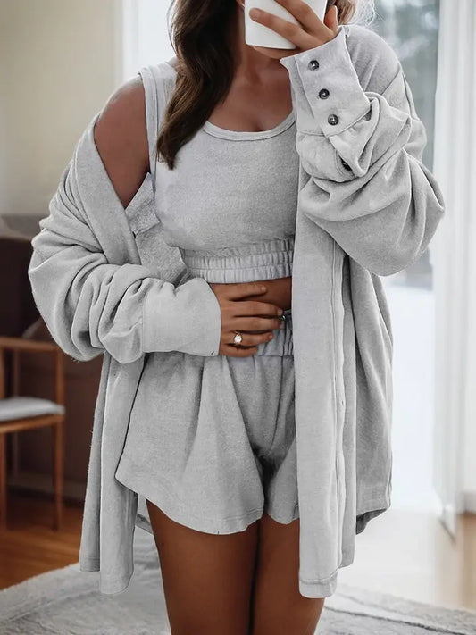 3 Pcs Crop Tank Top Shorts with Cardigan Lounge Set