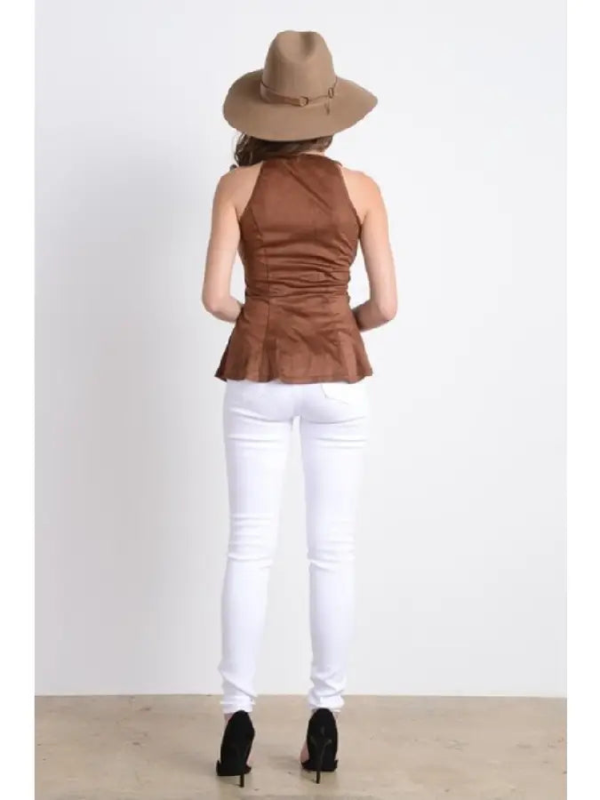 Sleeveless Zip Up Suede Peplum Top