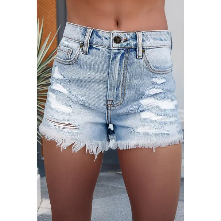 Ripped Raw High Waist Denim Shorts