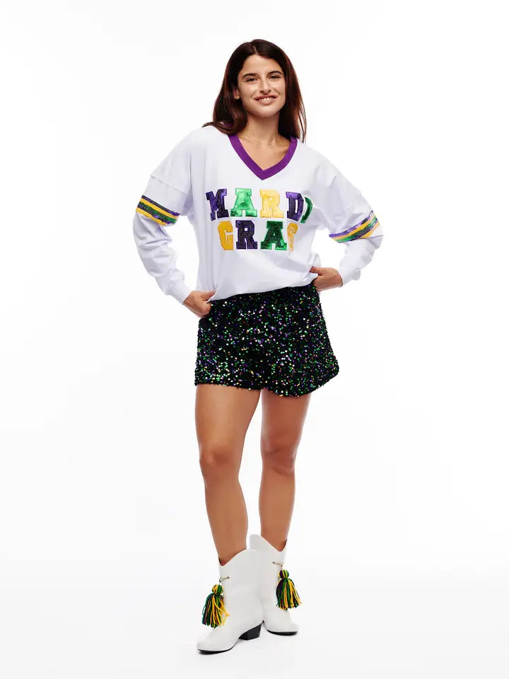 Bright Mardi Gras Sequin Short Long Sleeve Shirts - The Season Boutique