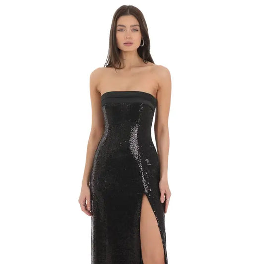Sequin Satin Back Tie Maxi Dress in Black