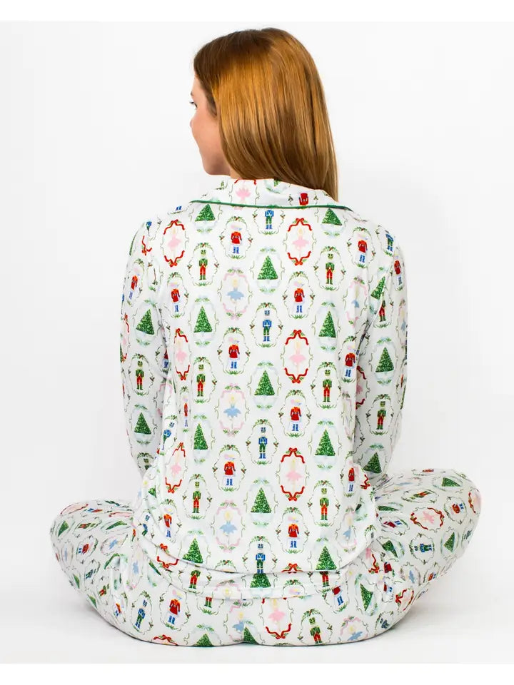 Nutcracker Waltz Long Sleeve Button Up Sleep Shirt White/Multi