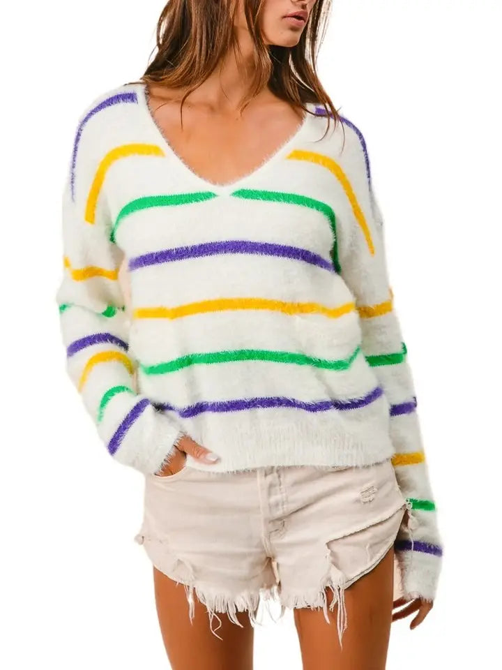 Mardi Gras Stripes V-Neck Hairy Sweater