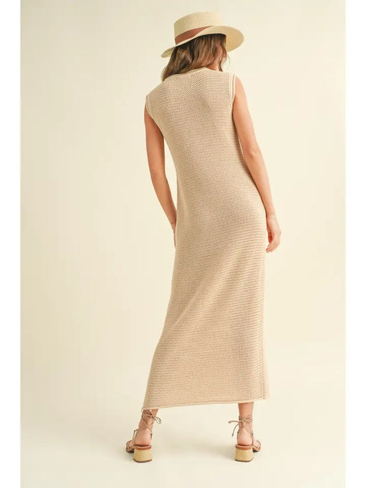 Tan Sleeveless Crochet Knitted Dress