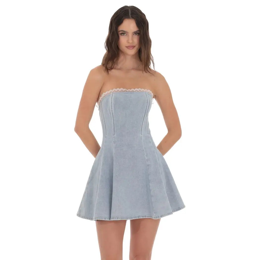 lace trim denim dress Jezebel Denim Mini Dress With Lace Trim Medium Wash Denim / L