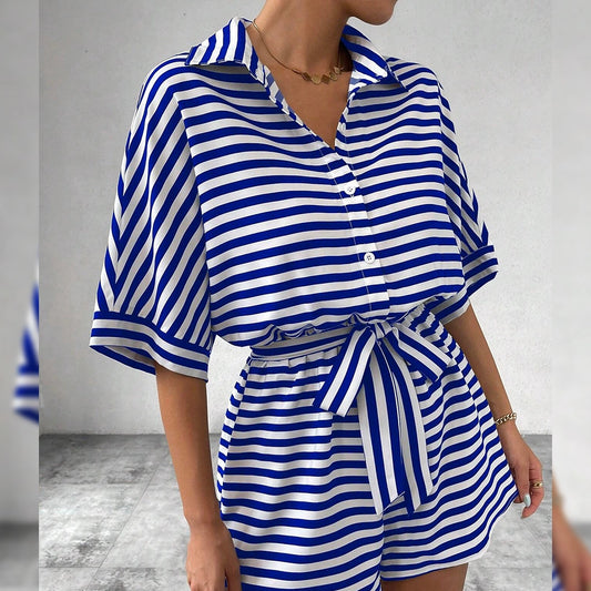 Striped Lapel Button-Up Belted Romper