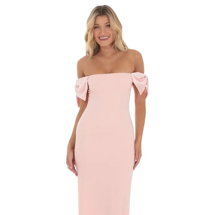 Off Shoulder Bow Sleeve Maxi Dress in Pink The Season Boutique Off Shoulder Bow Sleeve Maxi Dress in Pink The Season Boutique