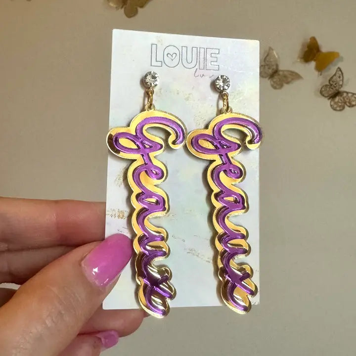 Gold Acrylic Geaux Louisiana State Lsu Tigers Earrings