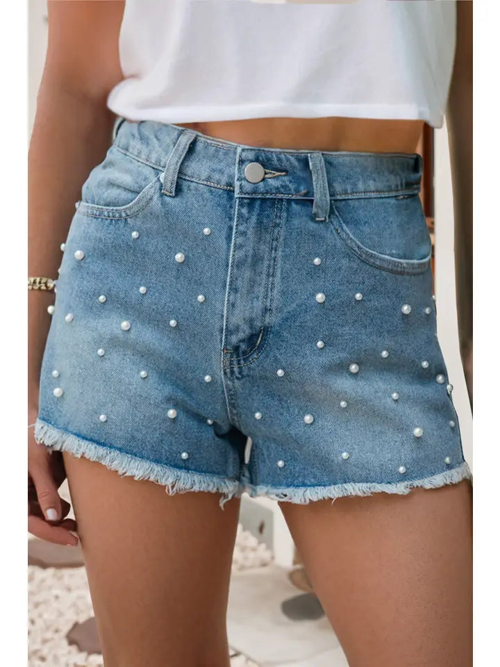 Pearl Beaded Denim Shorts
